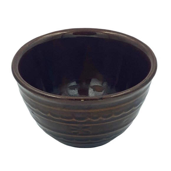 Vintage Brown Ceramic Bowl With Wavy Pattern Stripes Handmade Pottery Rice Tea C - Picture 4 of 6